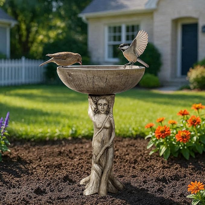 SunJet 25” High x 17” Diameter Outdoor Bird Bath with Goddess Pedestal Design - Fibre Reinforced Concrete Birdbaths for Garden, Patio, Yard, Lawn Décor