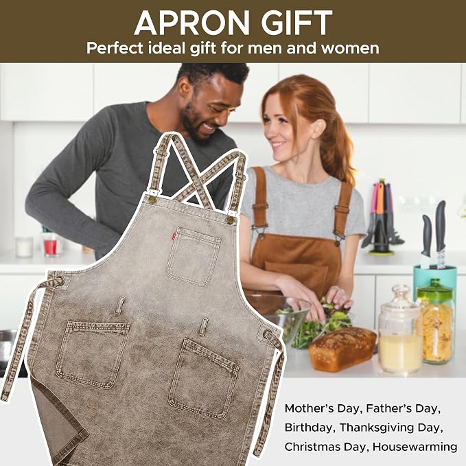 Denim Chef Apron for Women with Pockets, Jean Waitress Server Kitchen Apron for Men Cooking Gardening Painting