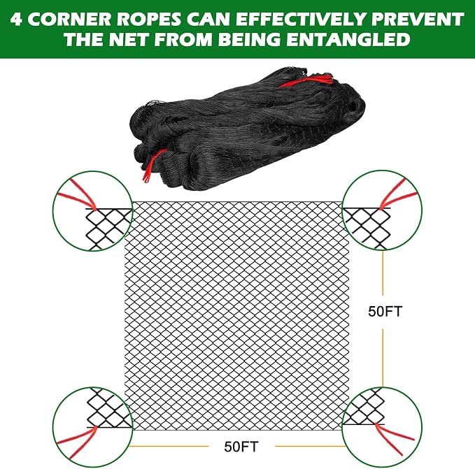 BSTPCOO 50'x50' with 2" Mesh Bird Netting for Chicken Coop with Bird Scare Tape, Hawk Nettings for Chicken Run, Heavy Duty Poultry Nettings Chicken Netting Roof Deer Net