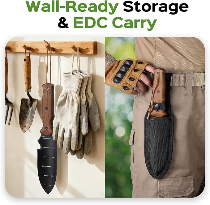 Hori Hori Garden Knife, Garden Tools Trowel with EDC Sheath, Gardening Tools for Weeding Digging Planting with 7" Stainless Steel Blade,Dual-Scale Measurement,Hanging Hole, Gifts for Women Mom Men Dad