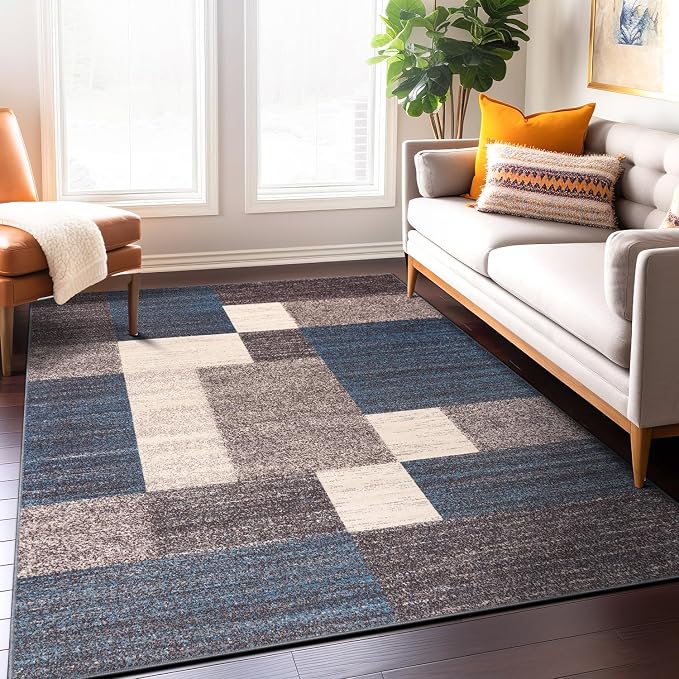 Rugshop Geometric Boxes Non-Slip Contemporary Area Rug Blue 7'10" x 10' | Non-Shedding, Rectangular, Size 7'10" x 10', Living Room, Bedroom, Dining Room, Home Office, Kitchen, Entryway, Hallway