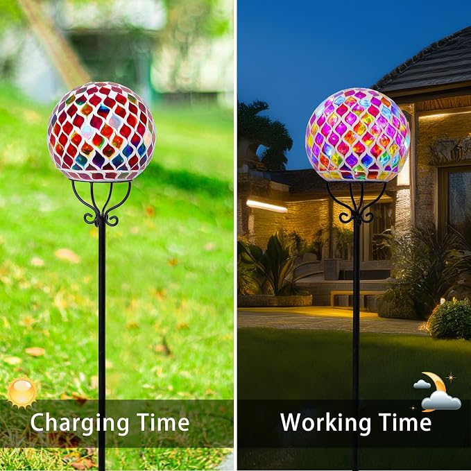 VCUTEKA Decorative Solar Garden Lights, 6" Mosaic Globe Outdoor Stake | Mosaic Glass Design with Solar Light, Weather Resistant, Auto On/Off and Metal Stake Design For Lawn and Patio, Red