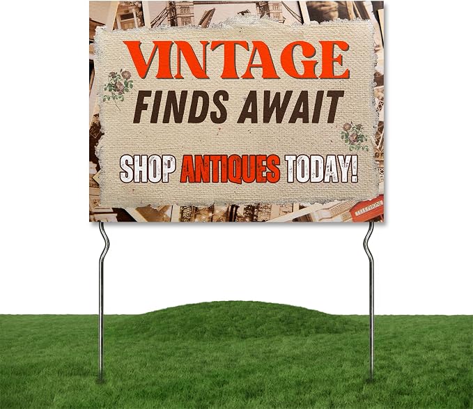 Vintage Finds Await - Shhop Antiques Todday Yard Sign by DC | 24"x18" Double Sided Conv. Store Garden Sign with 13” Metal Stakes | Outdoor Signs Waterproof for Lawn, Patio, Sidewalk & House | Set of 4