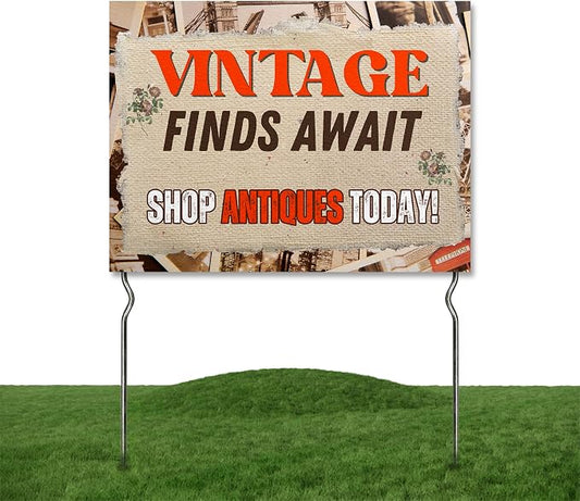 Vintage Finds Await - Shhop Antiques Todday Yard Sign by DC | 24"x18" Double Sided Conv. Store Garden Sign with 13” Metal Stakes | Outdoor Signs Waterproof for Lawn, Patio, Sidewalk & House | Set of 5