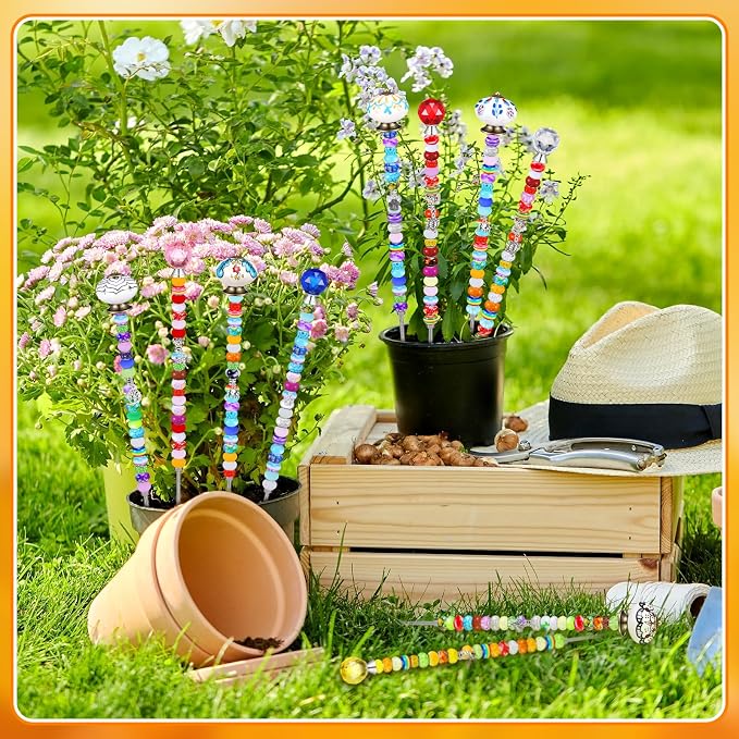 Hicarer 248 Pcs DIY Fairy Wand Kit Beaded Stakes with 12 Threaded Rod Nuts 6 Crystal Stopper Top 6 Ceramic Pumpkin Mushroom Top 212 Diamond Bead 12 Silver Glass Pendant for Outdoor Garden Decoration