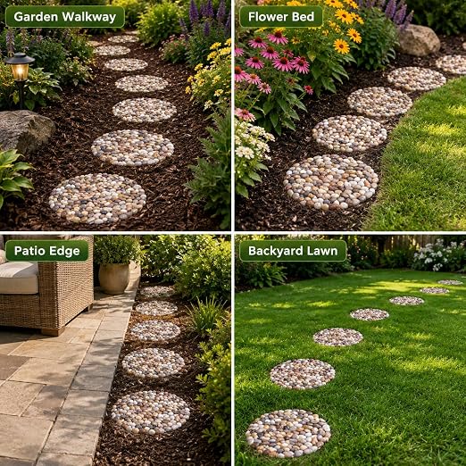 6 PCS River Rock Stepping Stones Outdoor, 12 Inch Diameter Round Pavers Pebbles Polished Gravel for Garden Walkway