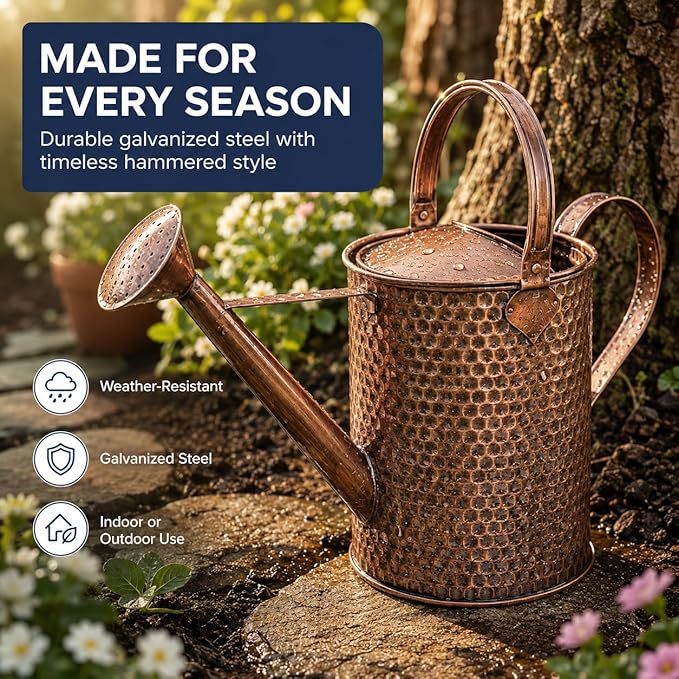 Gardenised 1 Gallon Galvanized Metal Watering Can with Removable Long Spout & Sprinkler Head for Indoor & Outdoor Use Ideal for Garden Flowers Potted Plants Houseplants Modern Home Accessories, Brown
