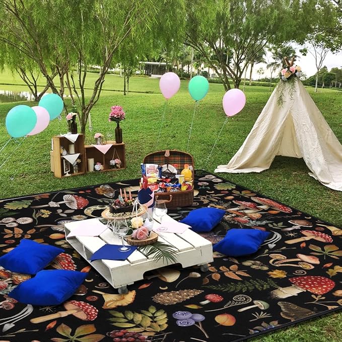 Supfitness Extra Large Picnic Blankets Waterproof Foldable (80"x 80") Mushroom Beach Blanket Waterproof Sandproof,3-Layer Thicking Mat Outdoor Packable Camping Blanket