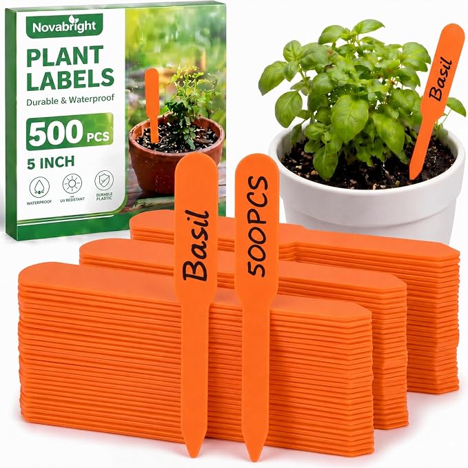Novabright 500 Pcs Plastic Plant Labels 5 Inch Plant Name Tags for Seedlings Garden Waterproof Plants Markers Nursery Plastic Planting Tags Seed Label for Outdoor Garden Label Pot Stakes(Orange)
