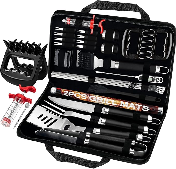 POLIGO 28Pcs Grilling Accessories in Bag with Meat Injector, Barbecue Claws, Mats, Thermometer for Smoker, Camping BBQ Grill Utensils Set Dad Gift for Fathers Day Birthday Grilling Gifts for Men Black