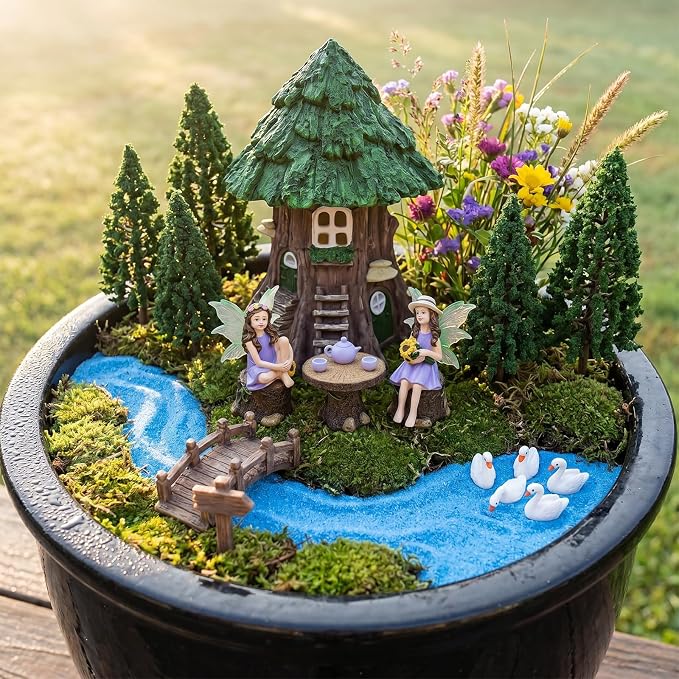 DONABELA Fairy Garden Tree House Miniature Decor Village Figurine Accessories Supplies Outdoor Indoor Tiny Resin Forest Set