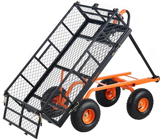 VEVOR 880lbs Steel Garden Dump Cart Utility Wagon, Heavy Duty Yard Dump Wagon Cart with Removable Sides, Pullable Handle, Utility Liner, 10in All Terrain Wheels