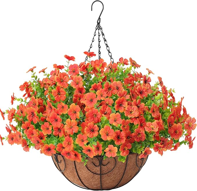 Artificial Fake Hanging Plants Flowers Basket Outdoors Summer Autumn Decor, Hanging Planter with Faux Silk Daisy Flowers Realistic UV Resistant for Outside Home Porch Front Patio Balcony Garden Orange