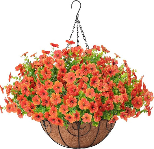 Artificial Fake Hanging Plants Flowers Basket Outdoors Summer Autumn Decor, Hanging Planter with Faux Silk Daisy Flowers Realistic UV Resistant for Outside Home Porch Front Patio Balcony Garden Orange