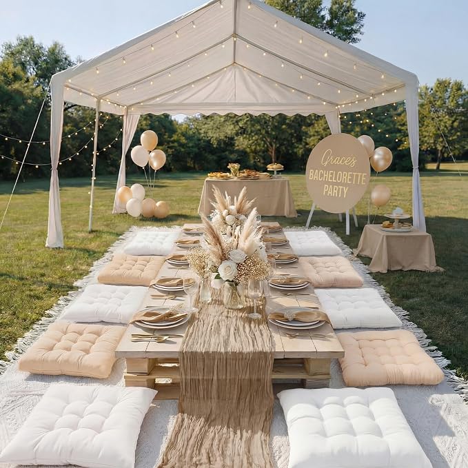 Extra Large Outdoor Picnic Blanket with Table Runner and Floor Pillow Cushion for Picnic Wedding Birthday Baby Shower Backyard Decor (91 x 71'',Brownish Beige,Light Camel, Light Beige,8 Pcs)