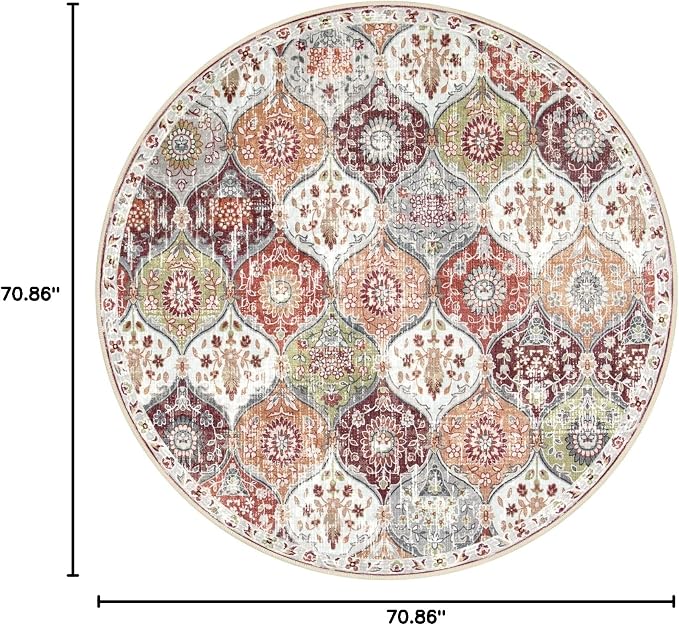 Lahome Moroccan Washable Round Area Rug, Soft Round Rugs 6ft Ultra-Thin | Non-Slip Trellis Vintage Large Circle Carpet for Bedroom Living Room Kitchen Nursery Elise, Orange Terracotta
