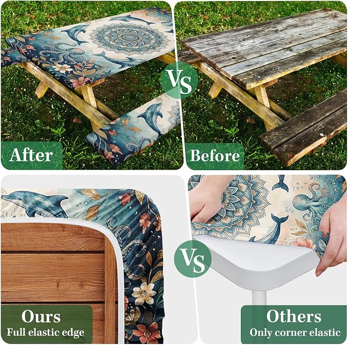Picnic Table Cover with Bench Covers Elastic Edges, Coastal Camper Fitted Table Cover, Outdoor Camping Essentials 72 Inch 3PCS, Waterproof Camping Fitted Tablecloth with Drawstring Bag