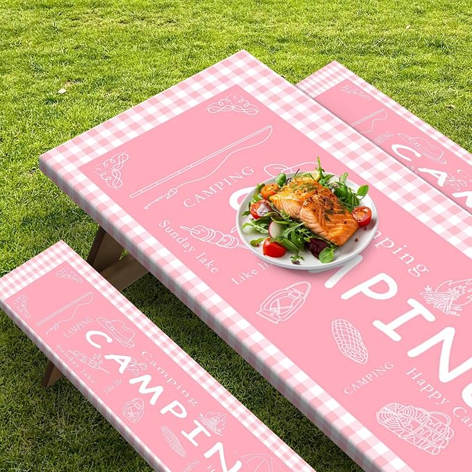 Picnic Table Cover with Bench Covers Elastic Edges, Pink Camper Fitted Table Cover, Outdoor Patio Camping Essentials 72 Inch 3PCS, Waterproof Camping Fitted Tablecloth with Drawstring Bag