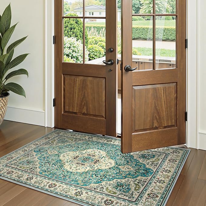 Lahome Felice Floral Medallion Area Rug - 3x5 Distressed Entry Throw Rug Turkish Indoor Accent Rug Non-Slip Washable Low-Pile Carpet for Entrance Living Room Bedroom Dining Table, Sky/Baby Blue