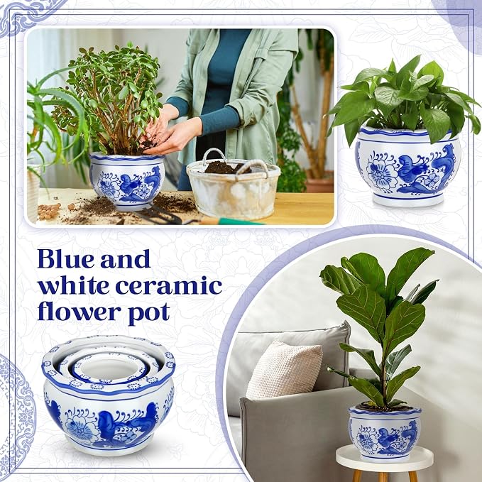 Briwooody Set of 3 Blue and White Porcelain Flower Pots 7.2'' 6'' 4'' Decorative Chinoiserie Plant Pots with Drainage Hole Saucers Ceramic Planters for Indoor Garden(Elegant Style)