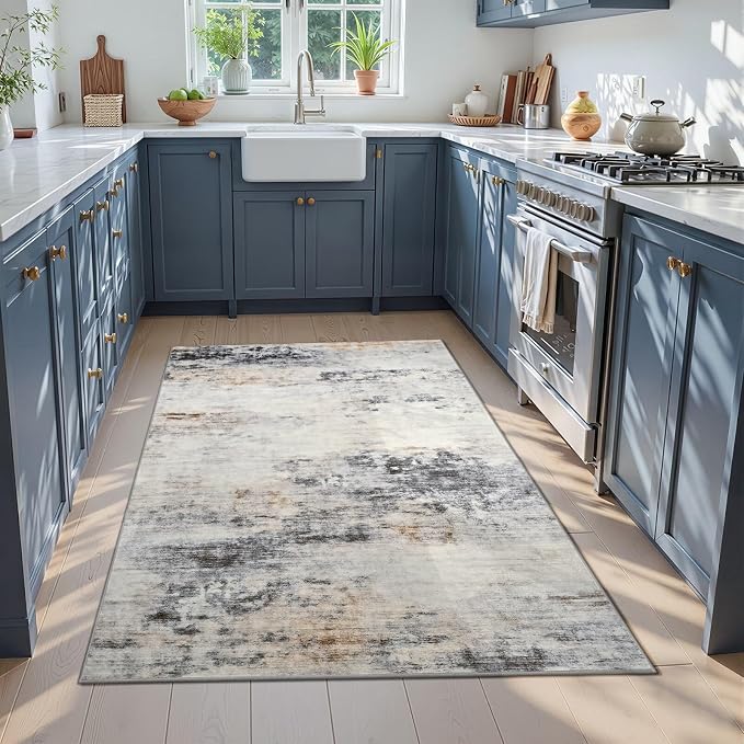 Toneed 4x6 Washable Non Slip Area Rugs for Bedroom Living Room, Grey/Brown | Abstract Soft Modern Low Pile Rug for Kitchen Hallway Office,Indoor Carpet for Kids Nursery Home Decor
