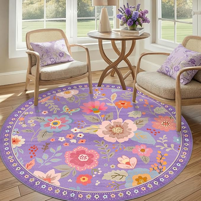 RELEANY Floral Washable Round 6ft Area Rug Purple/Pink | Flower Carpet, Print, Boho, Non-Slip, Easy to Clean, Soft, Low Pile for Living Room Bedroom Kitchen Office Entryway Hallway