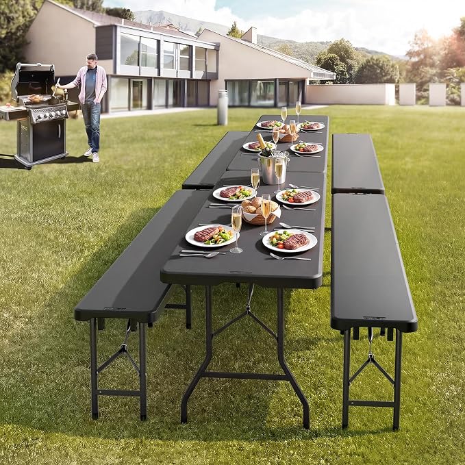 VINGLI 8 feet Plastic Folding Bench,Portable in/Outdoor Picnic Party Camping Dining Seat, Garden Soccer Multipurpose Entertaining Activities, Smooth HDPE Tabletop (1, Black, 8ft)