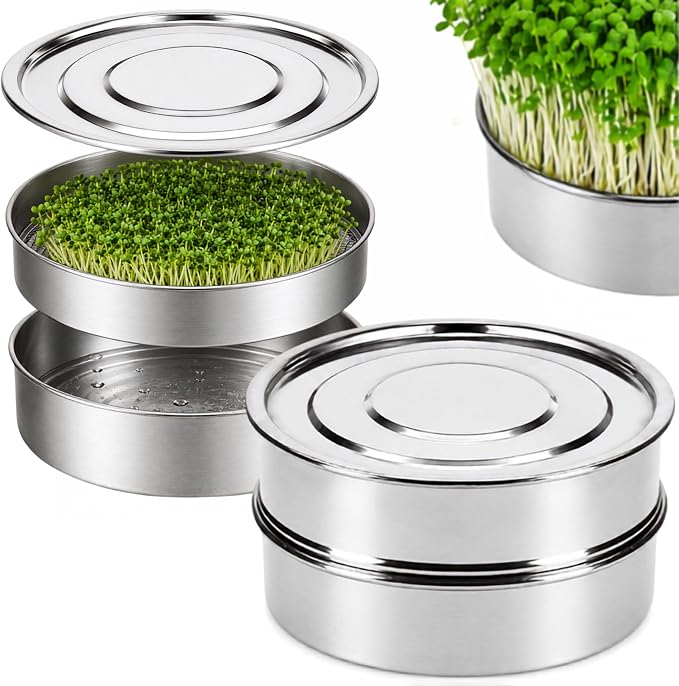 Stainless Steel Sprouting Tray 7,9'' - Round 2-Tier Seed Gardening Planter for Microgreens Broccoli Sprouts Growing Kit Microgreens Tray Germination