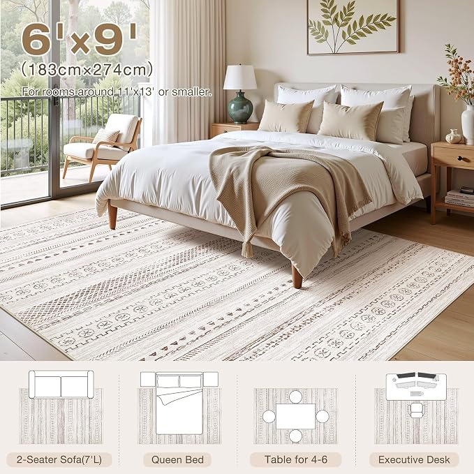 kakania Washable 6x9 Area Rug for Living Room: Boho Geometry Home Decor | Soft Stain Resistant, Low-Pile, Non-Slip, Pet & Kid Friendly, Thin Rug for Bedroom/Dining Room/Kids Dorm - Brown