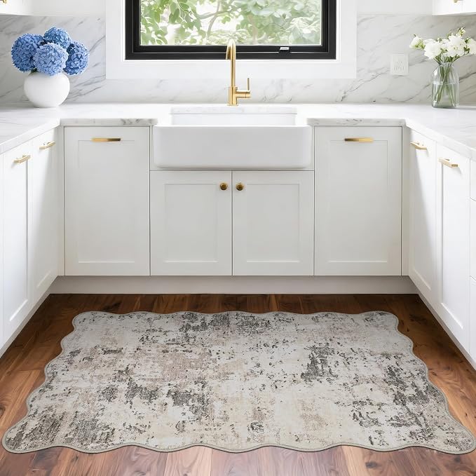ROYHOME Modern Abstract 2x3 Scalloped Area Rug Non Slip, Brown Grey | Non Shedding Low Pile Stain Resistant Rug for Entryway Kitchen Bedroom