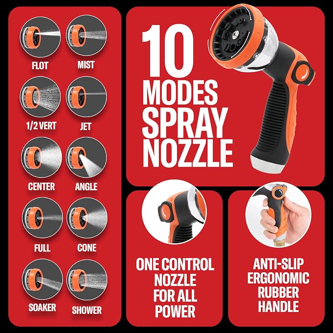 Best 100 ft Metal Garden Hose Set - No-Kink Durable 316 Stainless Steel, 10-Way Zync Spray Nozzle & Hook – Tough Flexible Heavy Duty Water Hoses, 5/8 in, Rust, Weather, LeakProof