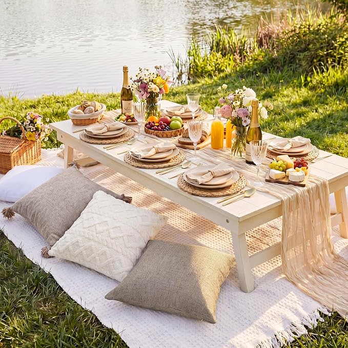 Yuntau Large Outdoor Boho Picnic Blanket with Table Runner 8 Pink White Red Pillows Covers No Pillow Summer Picnic Decor for Camp Birthday Party Bridal Shower Outdoor Backyard Garden(Khaki)
