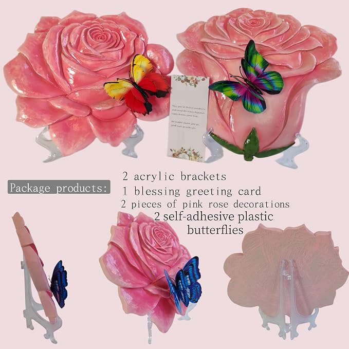 Garden Stepping Stones Outdoor Walkway – Resin Rose Flower Pavers for Path, Lawn & Backyard -Walkway Sculpture Yard Art,Rose Ornament as a for Loved Ones – Set of 2, Pink
