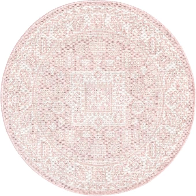Unique Loom Outdoor Aztec Collection Area Rug - Chalca (3' 3" Round, Pink/ Ivory)