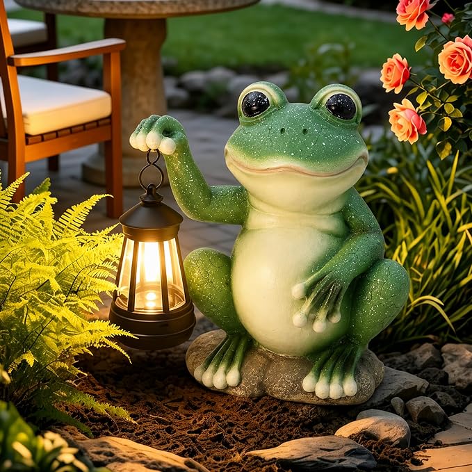 Solar Frog Garden Statue with LED Lantern, Waterproof Resin Figurine | for Yard, Pond, Pathway, Patio & Flower Bed, Cute Outdoor Decor, Unique Birthday & Housewarming Gift for Women, Mom & Grandma