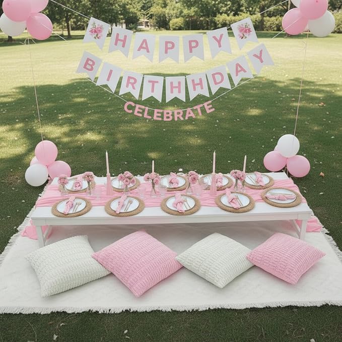 Beeveer 14 Pack Picnic Kit 91x71 Inch Extra Large Outdoor Boho Picnic Blanket with Pink Table Runner, 6 Throw Pillow Covers 6 Napkin Woven Cotton Yarn Washable Beach Blanket for Camp Wedding Decor