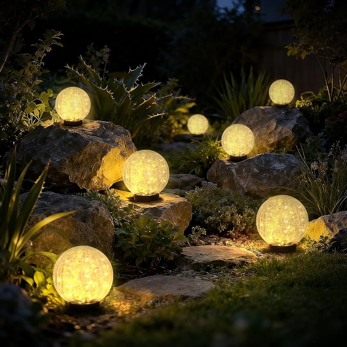 HOTEAGLE Solar Globe Lights Outdoor Waterproof-Large 2-Pack Solar Balls Lights for Outside Garden-Cracked Glass Ball Solar Lights for Garden Patio & Lawn Backyard Decor (Yellow, 5.9 inch)
