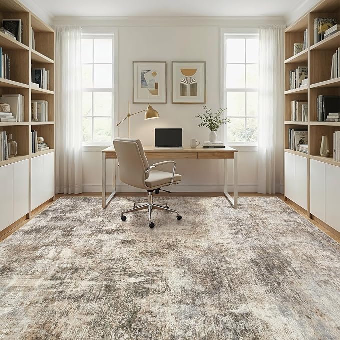 10x14 Area Rug Washable Abstract Rugs for Living Room Dark Brown | for Bedroom, Dining Room, Office, Nursery, Soft Neutral, Low Pile Non-Slip, Kid Pet Friendly, Large Indoor Carpet, Home Decor