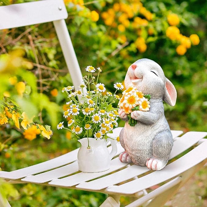 Solar Rabbit Garden Statues Outdoor Bunny Decor Resin Rabbit Figurine Holding Sunflower with LED Lights for Proch Patio Lawn Yard Mother's Day Christmas Birthday Gardening Gifts for Mom Women