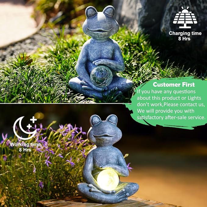Solar Meditating Yoga Frog Statue 6.8L x 9.65H | Zen Garden Figurines for Home and Garden Decor, Frog Decorations Gift Ideas, Gifts for Women Mom