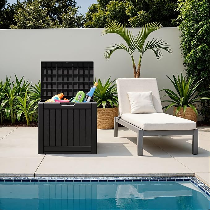 Flamaker Resin Deck Box 40 Gallon Waterproof Outdoor Indoor Storage Box Imitation Wood Resin for Patio Furniture Garden Tools and Pool (Black)