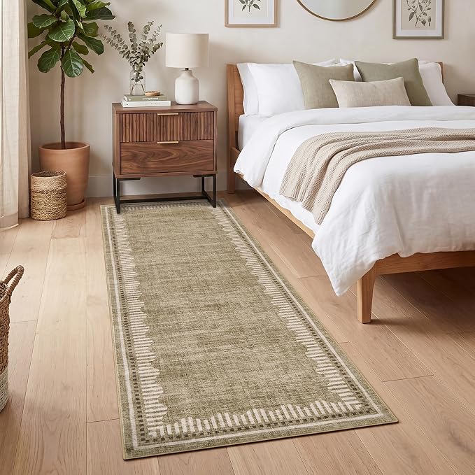 Garvee 2x8 Runner Rug Hallway Kitchen Washable Neutral Solid Taupe Runners | Low Pile Stain Resistant Modern Geometric Living Room Bedroom Long Runner Throw Carpet Scalloped Nuesery Entry Area Rugs