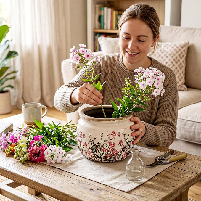 7.7" Large Vintage Ceramic Plant Pot Pink Green Boho Wildflower Crackle Glaze Flowers Planter Pot with Drainage for Indoor Outdoor Plant Rustic Farmhouse Kitchen Office Shelf Home Decor Gift