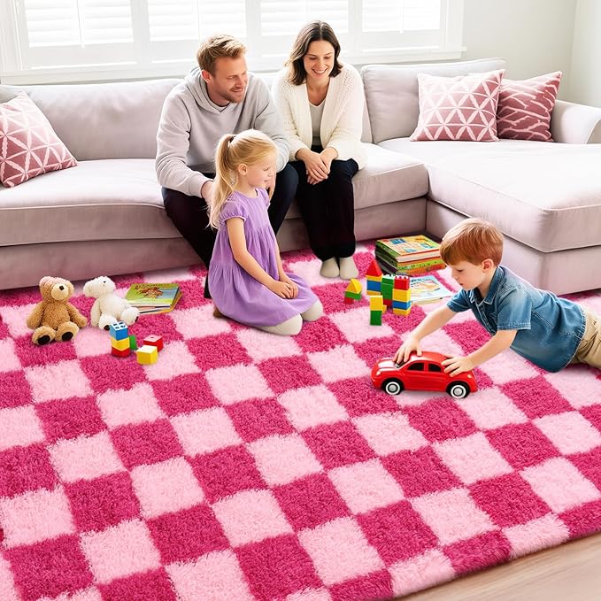 Checkered Rug for Living Room 6x9, Ultra Fluffy Fuzzy Shag Large Area Rug for Bedroom, Modern Plush Soft Upgrade Non-Slip Carpet for Kids and Girls Room Dorm Home Decor, Pink and Hot Pink