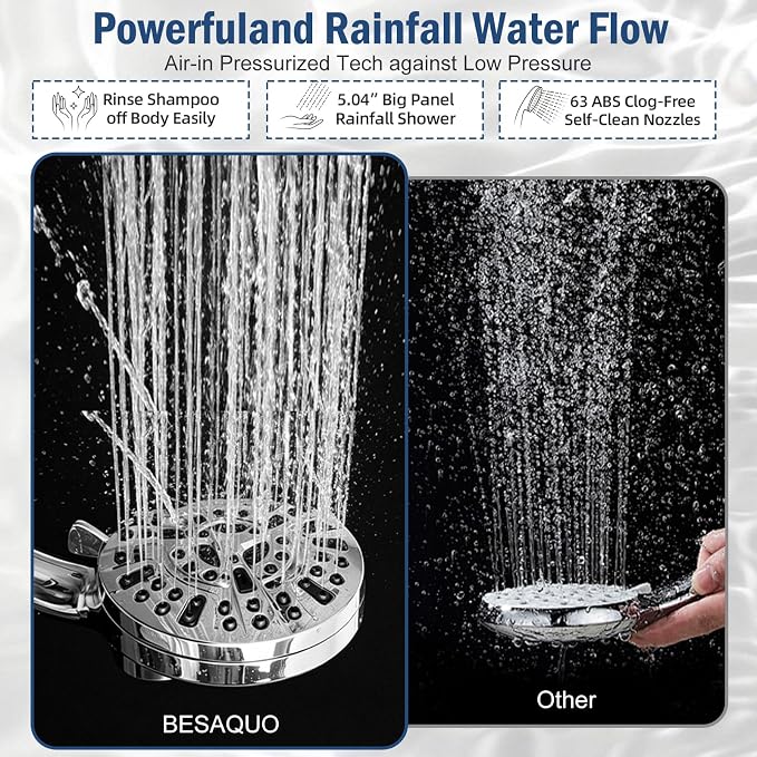 BESAQUO Shower Head, 9 Settings High Pressure shower head with handheld, Built-in Pause Mode & Power Wash, Non-Clogging Nozzles, 6ft Hose,Bracket (Premium Chrome, Magnetic 9 Settings)