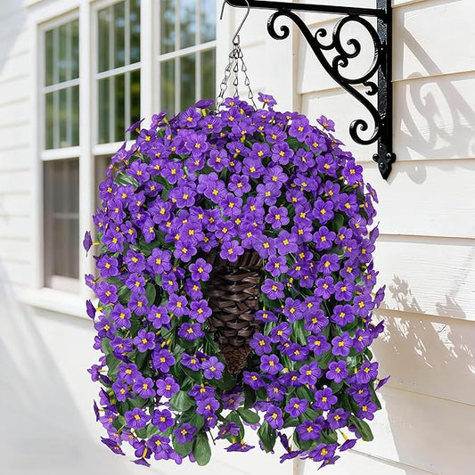 Artificial Fake Outdoor Hanging Flowers Plants Basket for Outside Porch Decoration, Fake Silk Purple Daisy Flower UV Resistant Look Real Orchid Traing Vines for Home Balcony Yard Patio Garden Decor