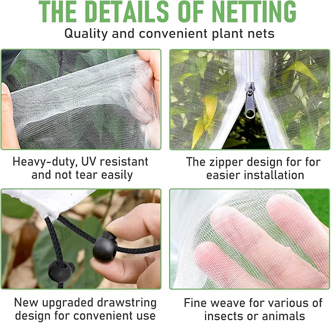 Fruit Tree Netting, Plant Mesh Netting for Garden Protection, Blueberry Bush Insect Netting Cover as Garden Pest Barrier from Cicadas, Bug, Bird (10x10 FT, 1Pcs, Zipper & Drawstring Design)