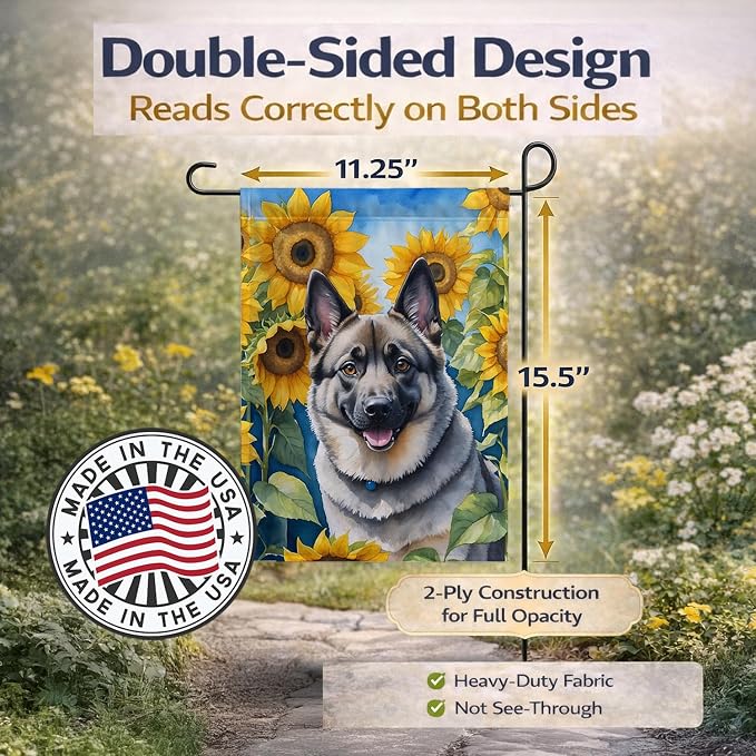 Caroline's Treasures DAC6126GF Norwegian Elkhound in Sunflowers Garden Flag Mailbox Flag Decorative Yard Flag Banner Outside Patio Artwork Yard Flower Beds, Garden Size, Multicolor