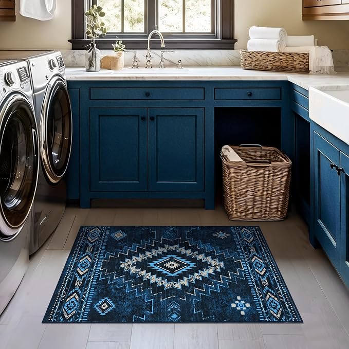 Yinhua Western 2x3 Rug Non-Slip, Aztec Entryway Rugs Low-Pile, Navy Blue | Moroccan Washable Rug Stain Resistant, Front Door Rugs with Rubber Backing for Bathroom Kitchen Hallway