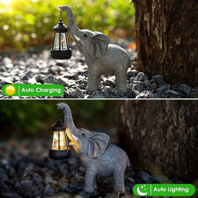 Candieslife Solar Garden Statue Lights Elephants Figurine with Solar Lantern, IP65 Waterproof Outdoor Yard Decorations for Patio Porch Yard Lawn,Home,Garden Gifts for Mom Grandma Women